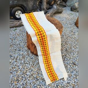 Vintage Burlap And Crochet Window Valance Kitschy Retro Yellow Orange And Gold